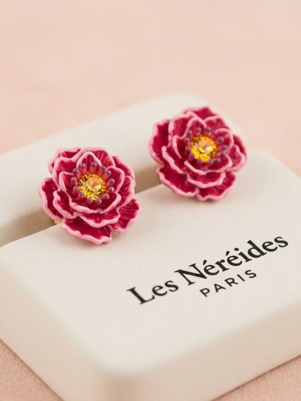 LES NEREIDES Red Poppy Flower Stud Earrings Hand Painted
